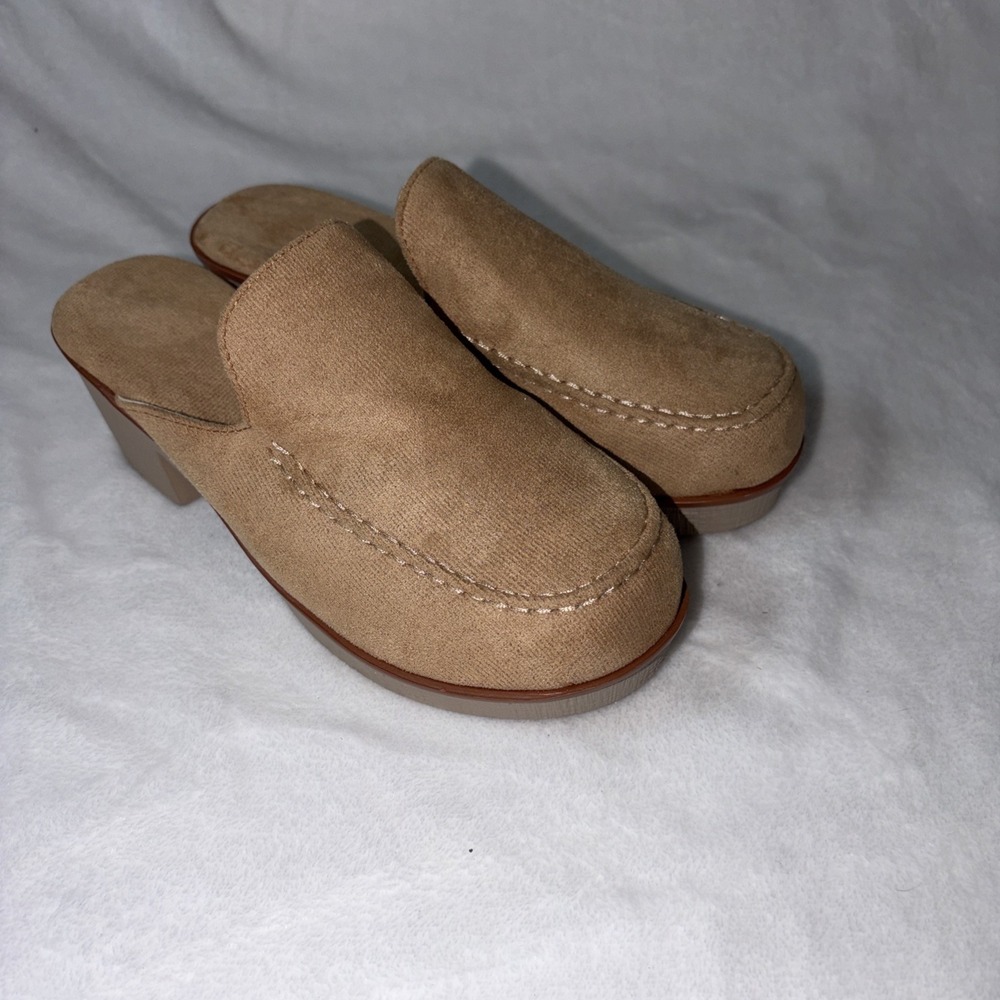 Clog Mules Faux Suede Block Heels 40/9 Closed‎ Moc Toe Boho 70s Style Minimalist